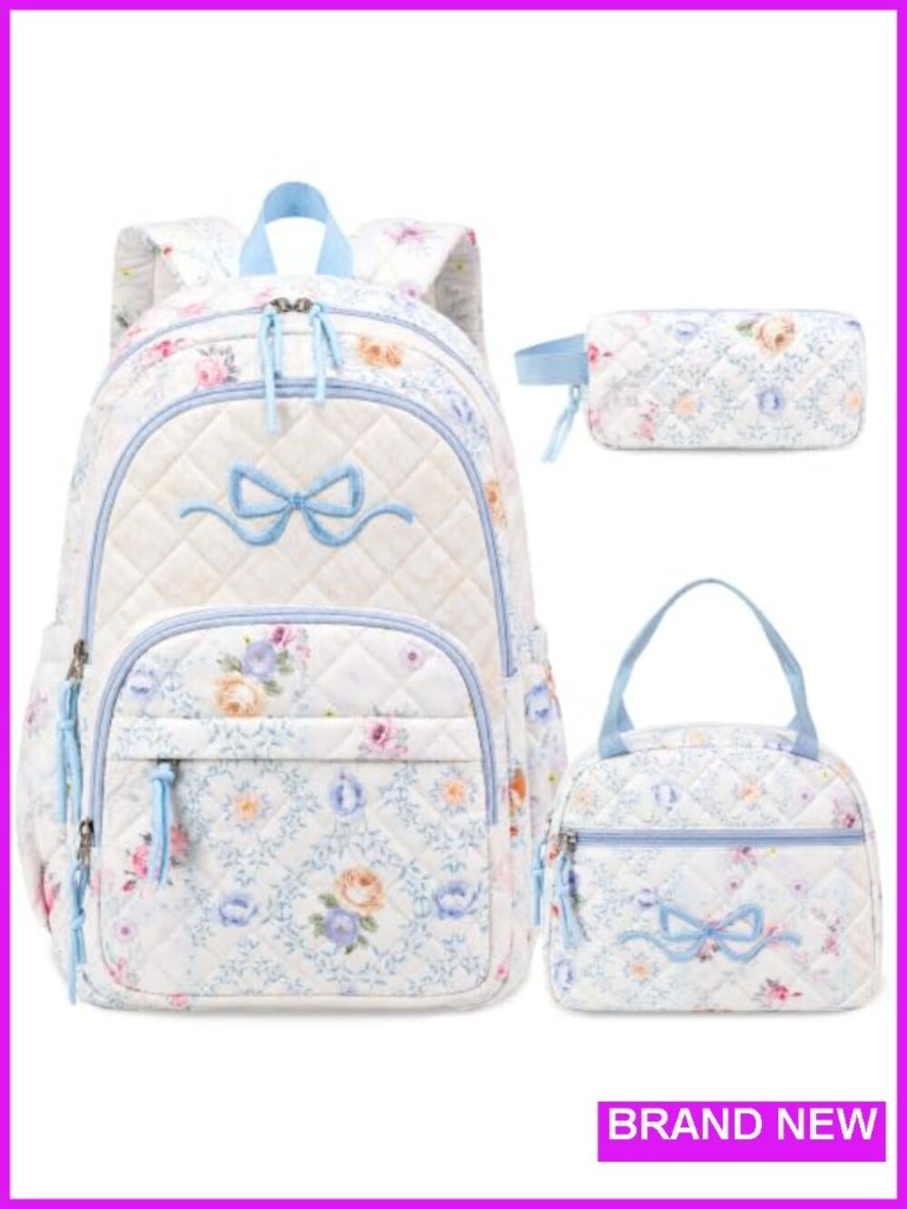 Girls Quilted Backpack Set with Lunch Bag and Pencil Case